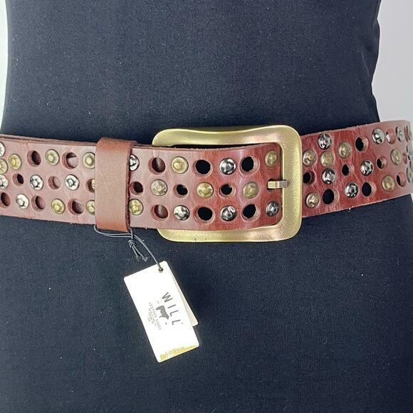 New Will Leather Goods Women's Studded Brown Wide Leather Statement Belt - Picture 2 of 11